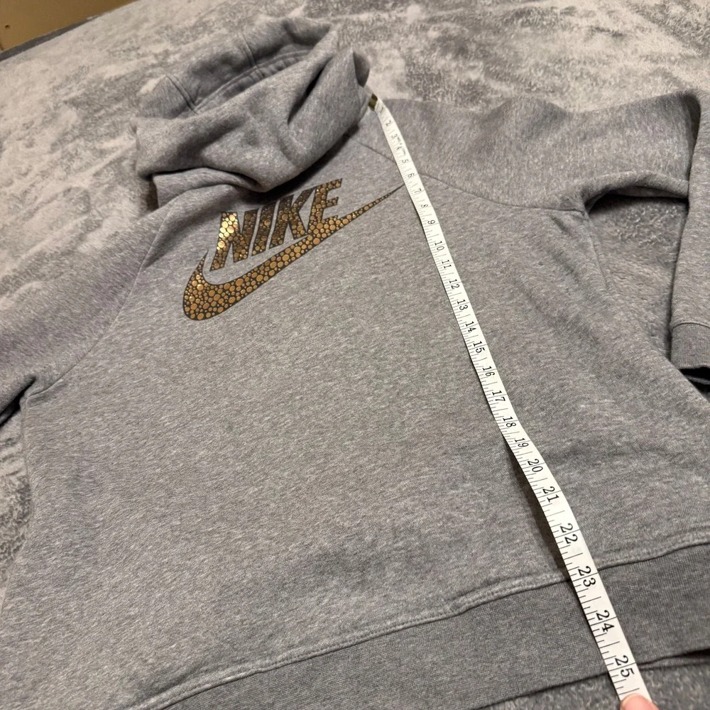 Nike Women Gray Hoodie Sweatshirt‎ Gold Mosaic Logo Pullover Cowl Neck Size M